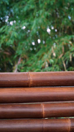 Four bamboos in dark brown color with blurred bamboo leaf background. Can be a design background materialの写真素材