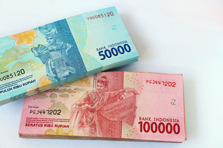 Indonesian rupiah banknote with a female dancer, 50,000 and 100,000. Focus selectedの写真素材