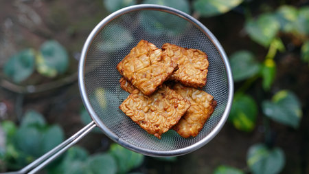 Tempe or tempeh after frying put in colander. Focus selected, background blurの写真素材