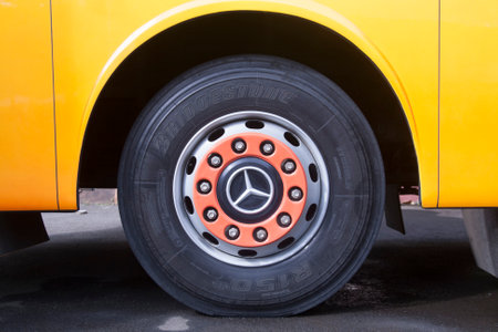 Yogyakarta, Indonesia. June 28, 2019. Bus wheel with Mercedes-Benz badge in the middle of the rimのeditorial素材