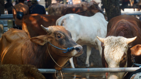 Cows at the animal market. Focus selected on head, Background blurredの写真素材