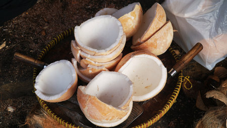Peeled coconuts in the traditional market. Many pieces of coconut for making oil. Focus selectedの写真素材