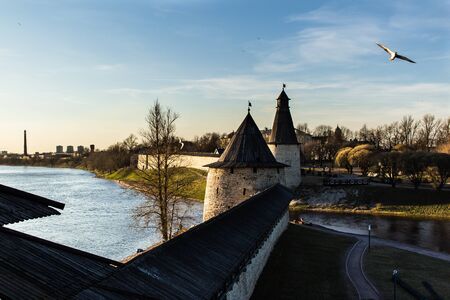 Fortress walls of the ancient Russian city of Pskov. The confluence of two rivers.のeditorial素材