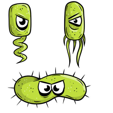 Virus and green bacteria. Causative agent. Micro-organism under microscope with flagella. Dangerous microbe. Scientific Character with eye. Cartoon illustrationのイラスト素材