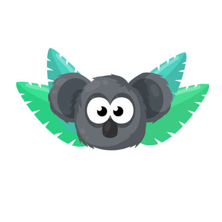 Cute gray bear. Face of funny character. Koala. Australian animal. Cartoon flat illustration. Green leaves of plantのイラスト素材