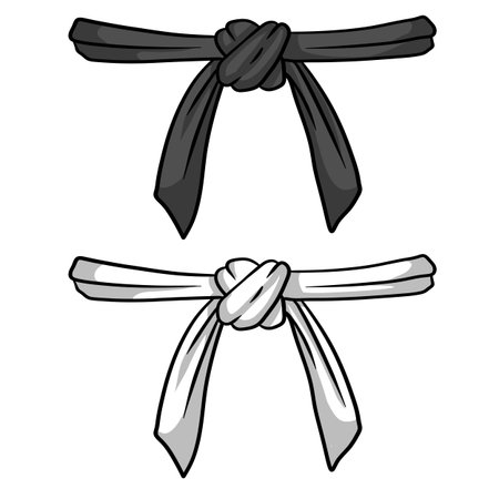 Black and white belt karate and judo. Oriental combat sport. Element of clothing of fighter. Traditional Japanese kimono. Master level set. Hand drawn illustrationのイラスト素材