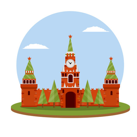 Moscows kremlin. Tourist attraction. Cartoon flat illustration. Tourist destination for tour to capital. Fortress with tower and wall. Residence of Russian President on red squareのイラスト素材