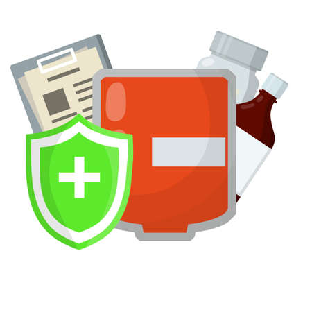 Medical preparation. Element hospitals, clinics. Transfusion. Blood packaging. Cartoon flat illustration. Treatment of patient with blood. Red liquid in bag with tube. Set of pill packageのイラスト素材