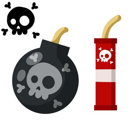 Black Bomb and explosive objects. Set of Dangerous elements. Black skull and bones. Cartoon flat illustration. Red stick of dynamiteのイラスト素材