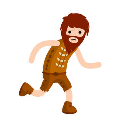 Primitive caveman. Neanderthal man run. Cartoon flat illustration. Clothing from skin. Funny beard guy.のイラスト素材