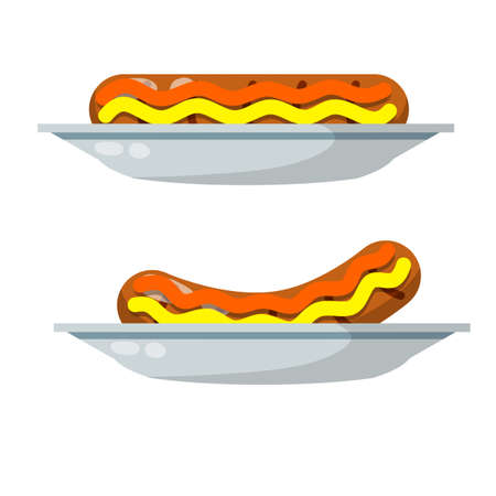 Sausage. Hot dog and kitchen element on plate. Cartoon flat illustration. Set of meat foodのイラスト素材