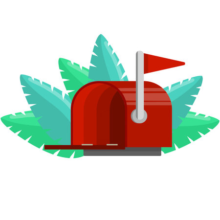 Red mailbox. Green leaves of plant. Communication between people. Place for envelopes,...