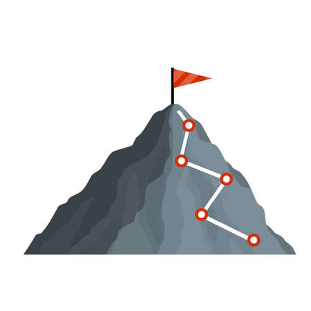 Climbing mountain with red flag. Points and stages of route. Business motivation in personal growth. Mountaineering and sports. Cartoon flat icon. Self-development and successのイラスト素材