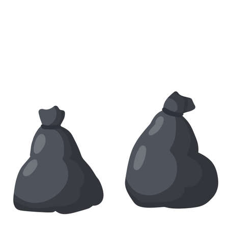 Black trash bag and trash. set of objects. Cartoon flat illustration. Plastic packaging. Processing of wastes. problem of ecology and junkのイラスト素材