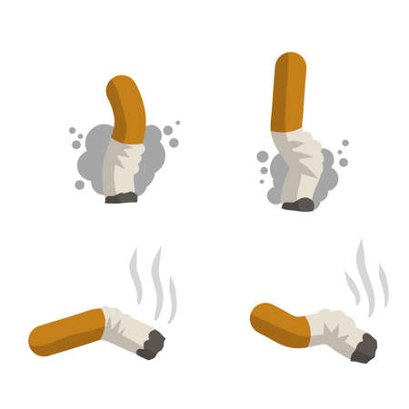 Cigarette butt. Set of trash, dirt and garbage. Cartoon flat illustration. Bad harmful habit of smoking. Small objectのイラスト素材