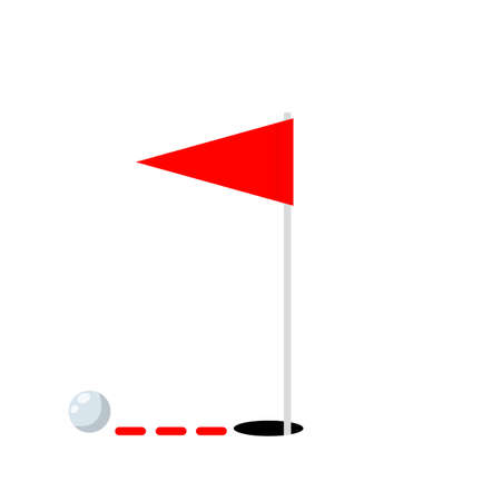 Golf course. Summer sports and hobby. Red flag with hole and ball. Cartoon flat illustrationのイラスト素材