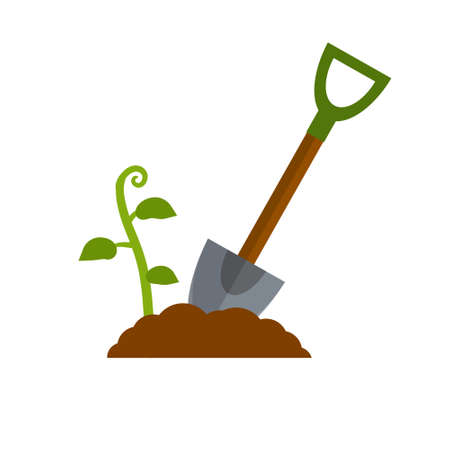 Shovel. Digging hole. Wood brown tool. Cartoon flat illustration. Element of farms and villages. Harvest. Pile of earthのイラスト素材