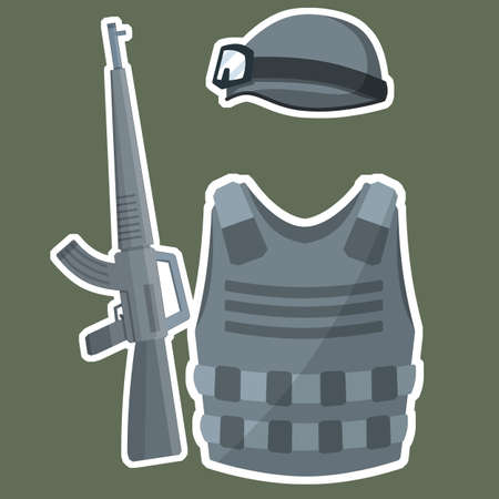 Modern weapons and armor of a soldier. Military helmet, bulletproof vest, rifle for shooting. Special forces uniforms. Military kit. Cartoon flat illustrationのイラスト素材