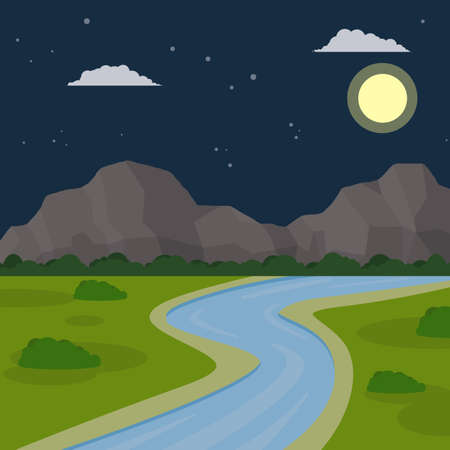 Night River in green valley. Divisions of season and pond with the mountains. Blue water. A place for outdoor activity and tourism. Natural landscape. The flow of the stream.のイラスト素材