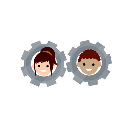 Gear with faces of men and women. Concept of successful love relationship. Boyfriend and girlfriend. Cartoon flat illustration. Head guy and girl. Romantic mechanismのイラスト素材