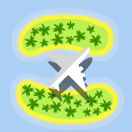 Plane flies over Islands with palm trees. Air flight on vacation to South. Stay at resort with beach...