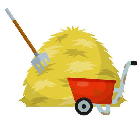 Tool for harvesting. Rural landscape. Haystack and red wheelbarrow, pitchfork. Organic food. Sheaf of wheat. Cartoon flat illustrationのイラスト素材