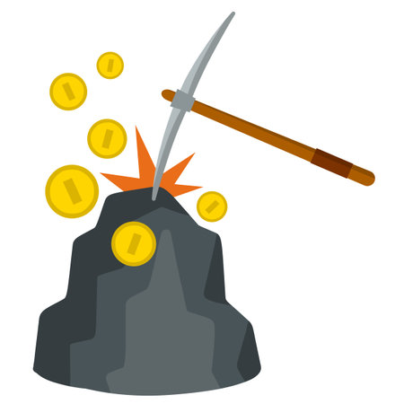 Miner pick and gold coins. Income and profit. Extraction of minerals. Cartoon flat illustration....