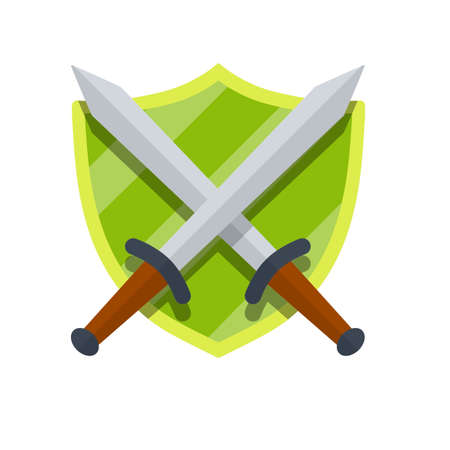 Medieval heraldic coat of arms. Green guard shield and crossed sword. Defense and protection. Cartoon flat illustration. Old weapons and armor of knight and warriorのイラスト素材
