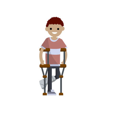 Broken leg. Man on crutches standing with plaster on his leg. The injured guy. The need for Medical care. Sick patient. Cartoon flat illustrationのイラスト素材