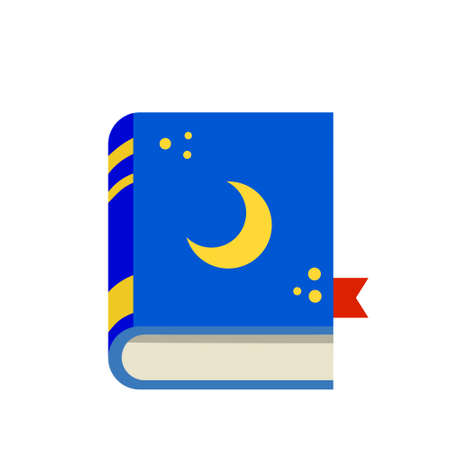 Book of night tales. Children story. The wizard magic volume and spells. Blue cover with the moon. Flat cartoon illustration isolated on white backgroundのイラスト素材