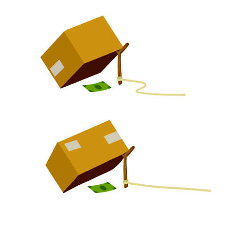 Dollar and pitfall. Business problem. Stick on rope. Flat cartoon. Concept of financial problem. Funny comic money baitのイラスト素材