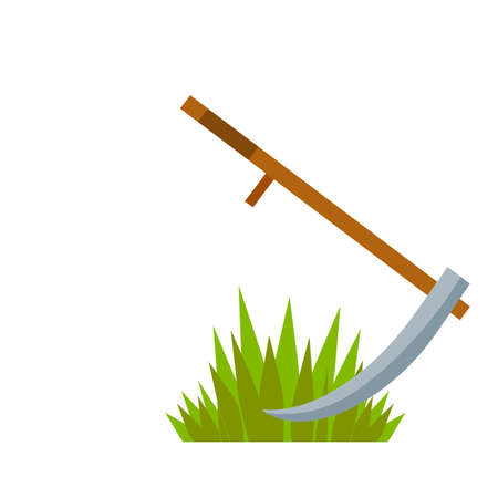 Process of Mowing the green grass. Symbol of rural harvest. Preparing food for animal. Cartoon flat illustrationのイラスト素材
