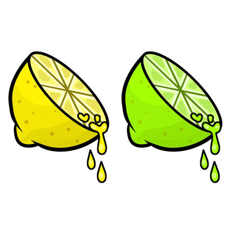Yellow sour fruit. Set of objects with vitamin C. Cut food. Cartoon flat illustration. Drop of juiceのイラスト素材