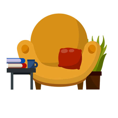 Chair, table with book. Furniture in a cozy room. Brown armchair. Soft seat. place to read and relax. Cartoon flat illustration. Red pillowのイラスト素材