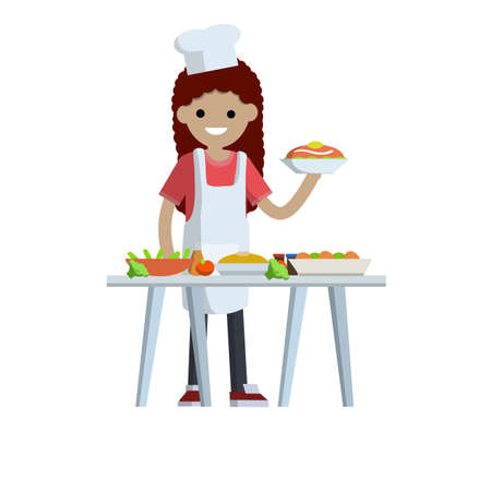 Woman cook holding platter of food. Work as chef in restaurant. Table with trays of fruit and vegetables. Element of the kitchen. Flat cartoonのイラスト素材