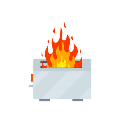 Broken toaster. Damaged home appliance. Element of kitchen things. Cartoon flat illustration. Problems with cooking. Toast frying. Flames and fire dangerのイラスト素材