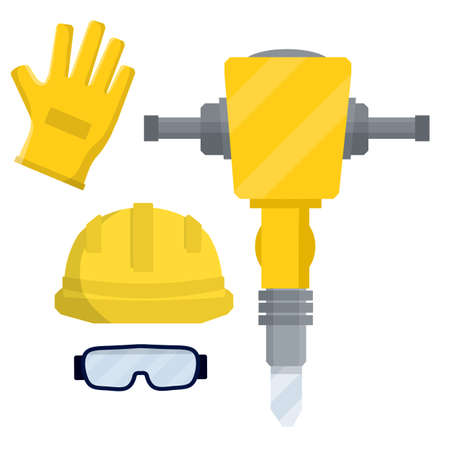 Clothing and tools the worker and the Builder. Yellow uniform, gloves, jackhammer, goggles and helmet. industrial safety. Type of profession. Cartoon flat illustration. Kit items and objectsのイラスト素材