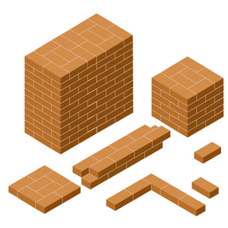 Red brick wall. Elements of the fence of different lengths. Construction of the building. Material for home repair. Floor platform and stone border.のイラスト素材