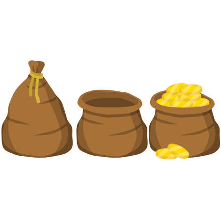 Canvas open empty and closed full bag with gold coins. burlap sack with money. Set of wealth. Cartoon flat illustration. Treasure, Bank Deposit and prizeのイラスト素材