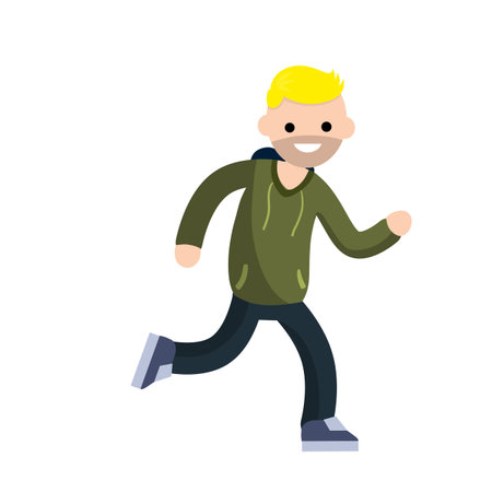 Young man in Hoodies. Running and sports. Active lifestyle. Movement and walking. Cartoon flat...