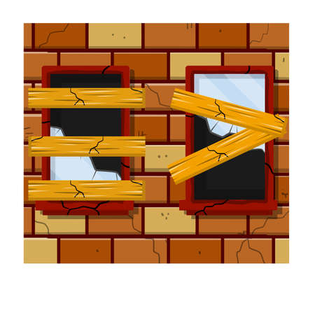 Shards and sharp parts in frame. Brick wall and vandalism. Destruction and ruin. Cartoon flat illustrationのイラスト素材