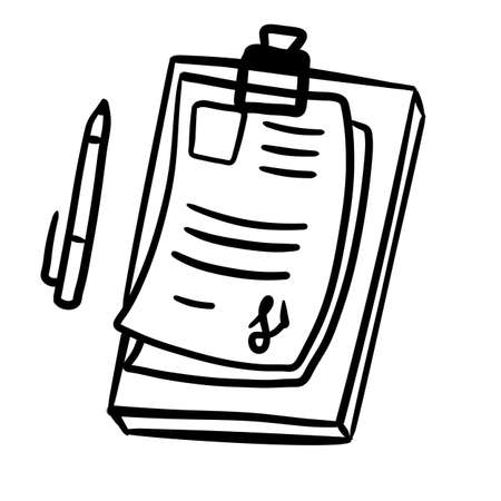 Tablet with tests and pen. Doodle Diagnosis or treatment. File document with signature. Cartoon illustrationのイラスト素材