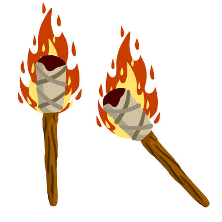 Torch on stick. Primitive weapon. Burning club. Cartoon flat illustration. old item for lighting. Fire and branchのイラスト素材