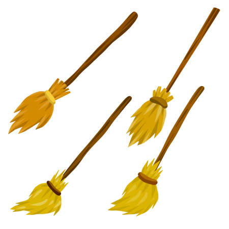 Broom. Rustic item for house cleaning. element of witch. Cartoon flat illustration. Sweeping and Old wooden MOP in wooden handleのイラスト素材
