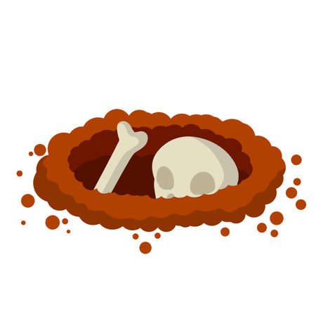 Hole in ground. Skull and bone of man in grave. Skeleton, burial and entombment. Scary element of Halloween. Cartoon flat illustration. Archeology and excavationsのイラスト素材