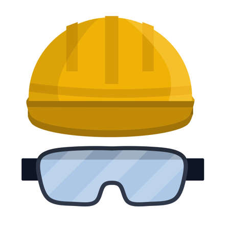 Yellow helmet worker. Safety glasses Builder. Cartoon flat illustration. Repair and engineering works. Clothing for safety of production. Industrial objectのイラスト素材
