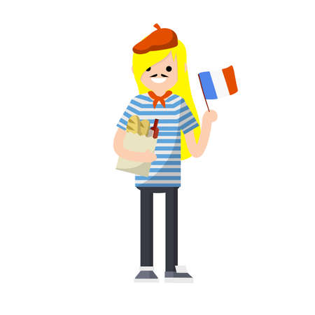 Cartoon flat illustration - young French girl with mustache and beret. female exchange student from France. typical European with national flag and paper bag with bread baguette food.のイラスト素材