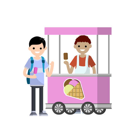 Man in cart with ice cream cone in hand. Trade sweet cold dessert. Small summer business on wheels. Sale and purchase of ice cream. Kid Woman and guy. Cartoon flat illustrationのイラスト素材
