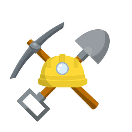 Pick and shovel. Miner and digger tool. Items for extraction of minerals. Logo of Labor and work. Rural tool. Iron pickaxe. Cartoon flat illustration. Industrial yellow helmet with flashlightのイラスト素材
