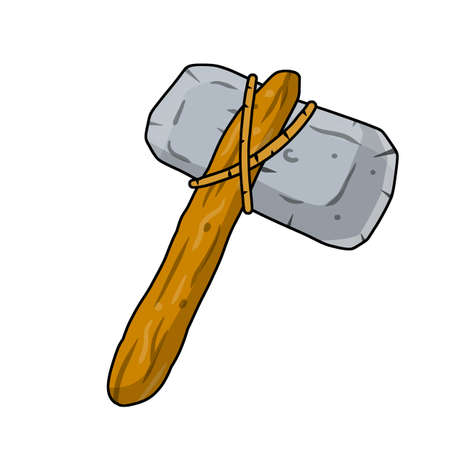 Stone hammer on stick. Subject of caveman. Prehistoric hunting weapon. Big hammer. Cartoon hand drawn illustrationのイラスト素材